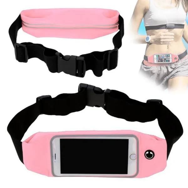 Riñonera deportiva rosa impermeable para celular, ideal para correr y ciclismo con cinturón ajustable.