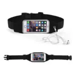 Riñonera deportiva impermeable para celular, con salida para audífonos y cinturón ajustable.