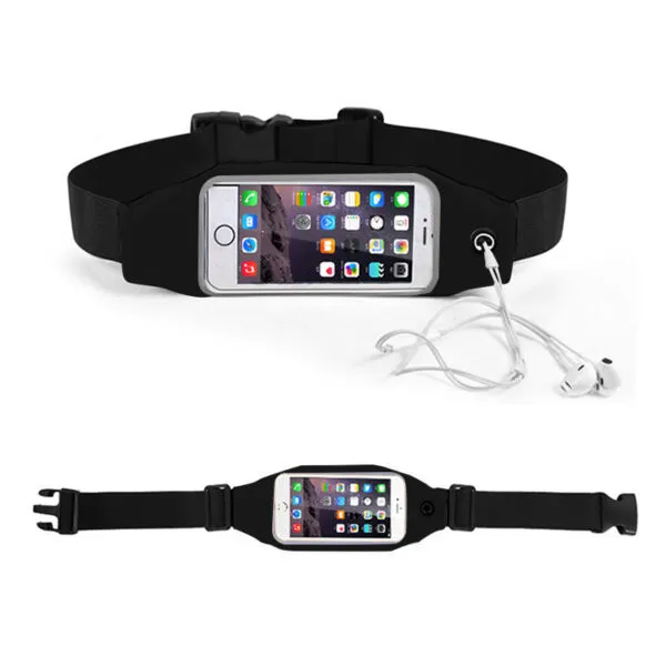 Riñonera deportiva impermeable para celular, con salida para audífonos y cinturón ajustable.