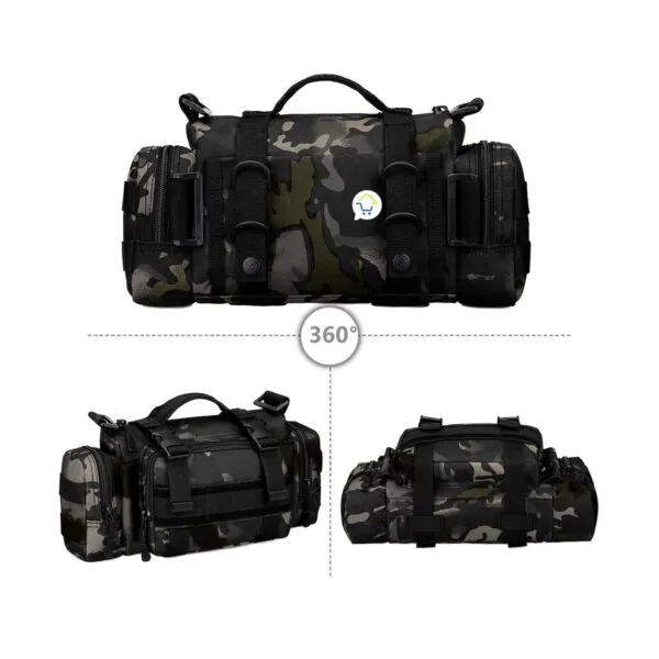 Riñonera táctica militar con diseño camuflado 360°, ideal para actividades al aire libre.