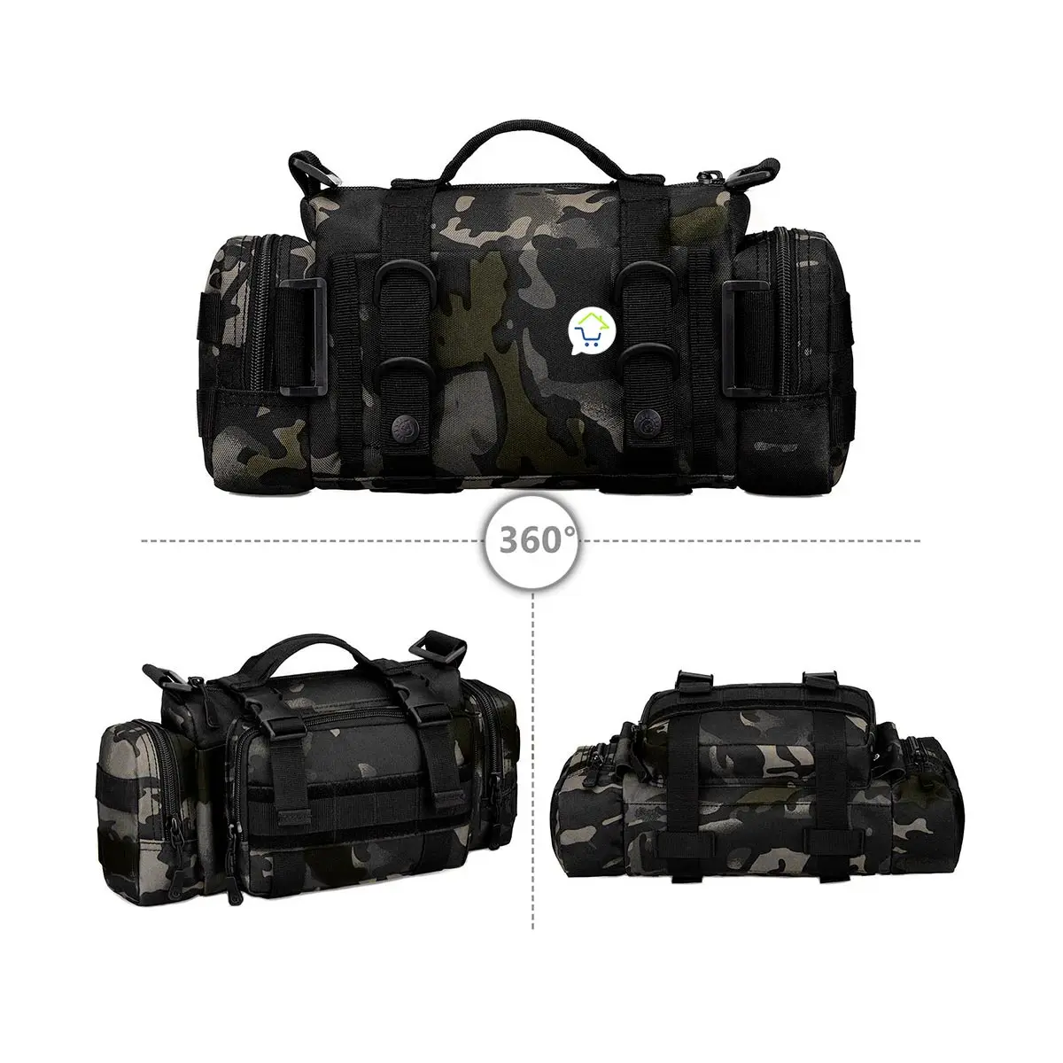 Riñonera táctica militar con diseño camuflado 360°, ideal para actividades al aire libre.