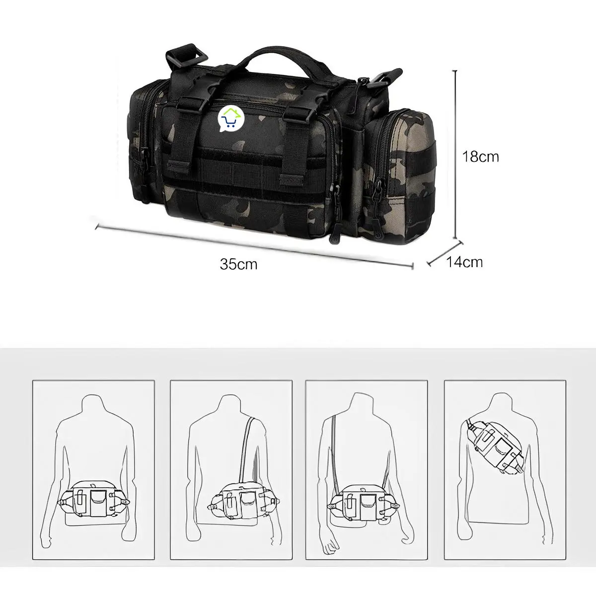 Riñonera táctica militar camuflada, bolso canguro versátil para llevar en la cintura, hombro o cruzado.