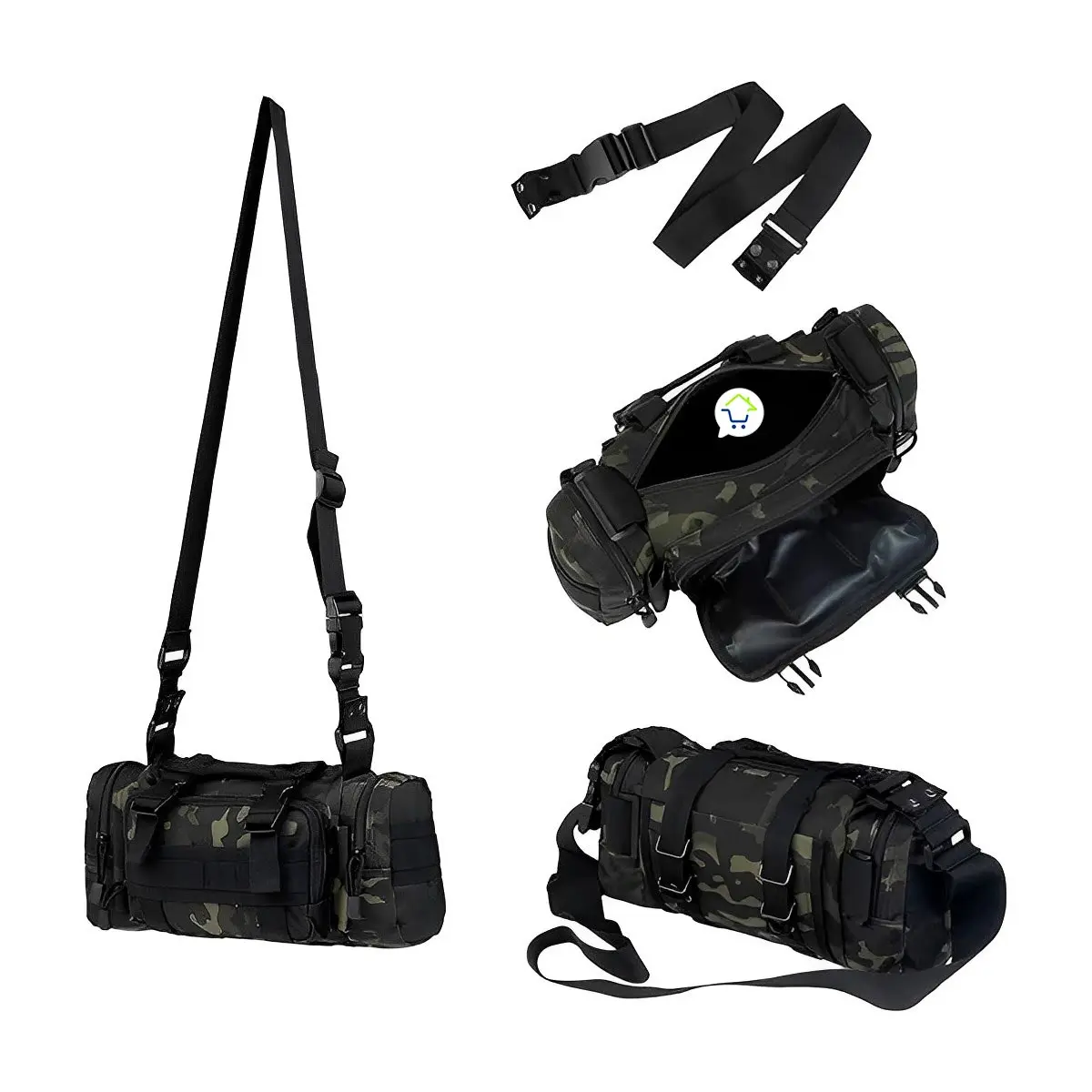 Riñonera táctica militar con camuflaje, versátil y funcional, ideal para aventuras.