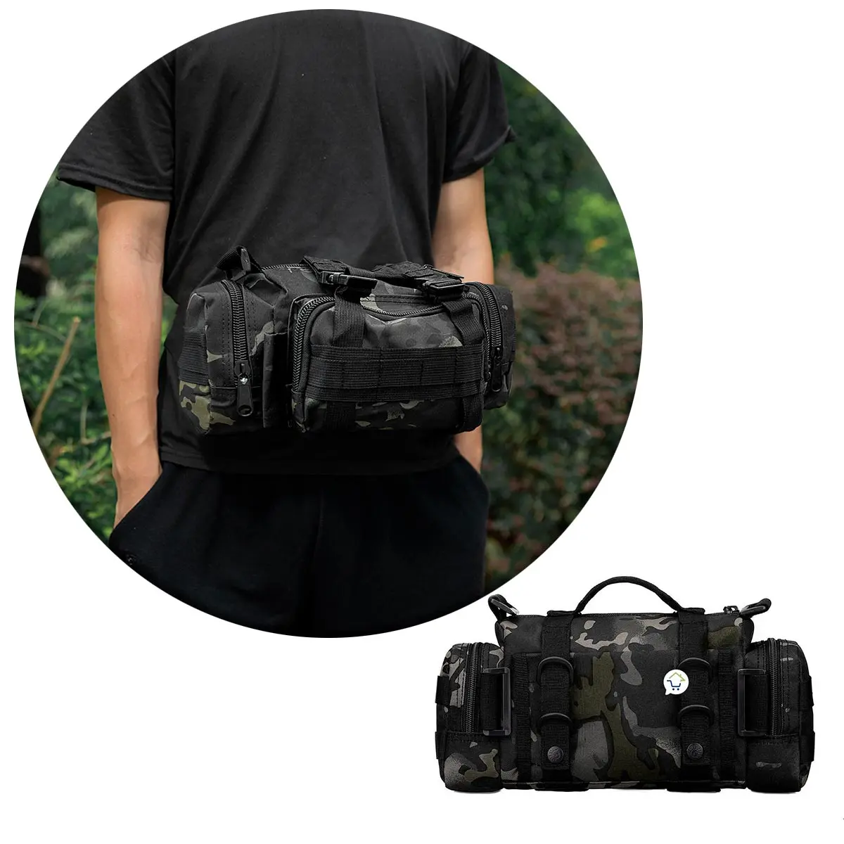 Riñonera táctica militar de camuflaje con múltiples compartimentos, ideal para actividades al aire libre.