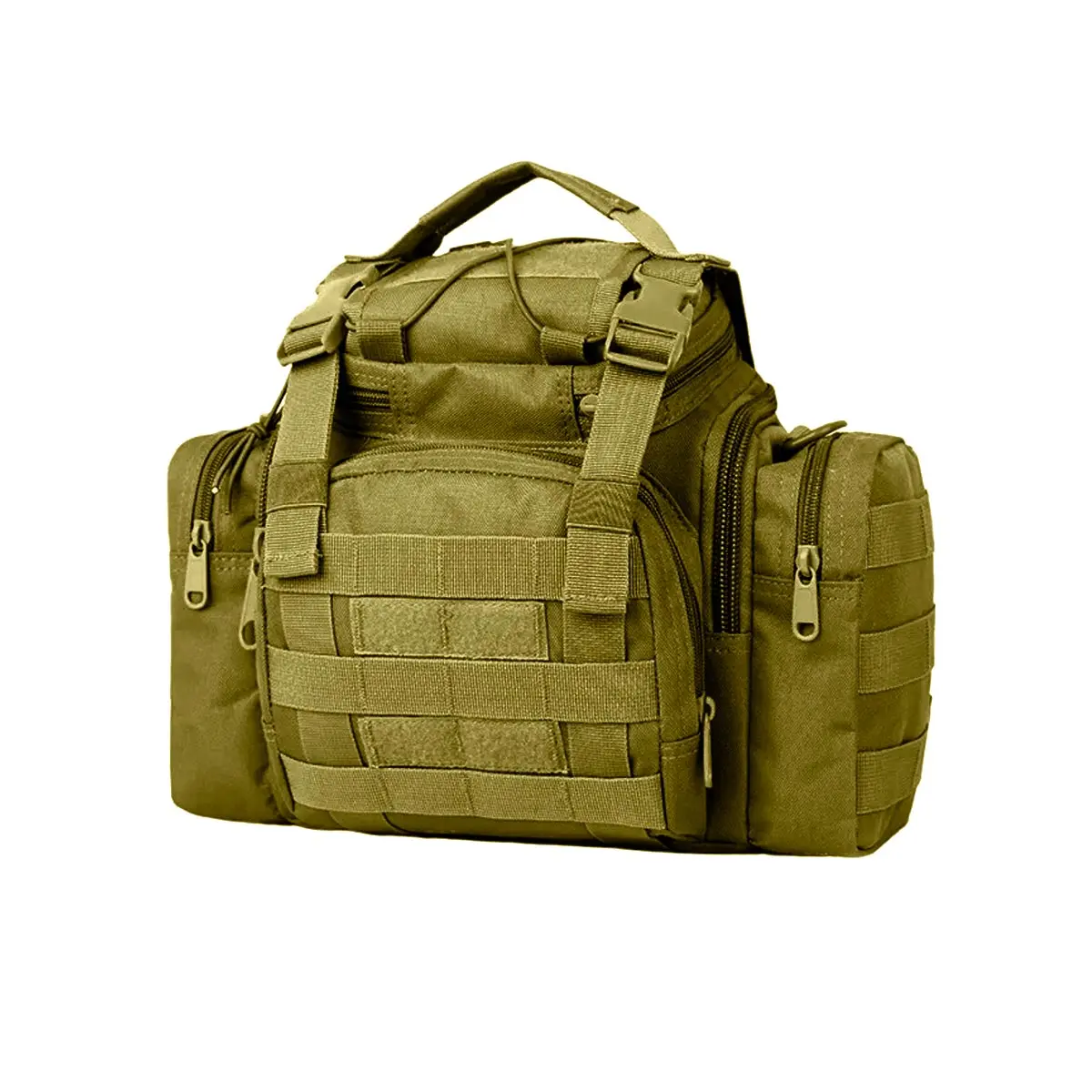 Riñonera táctica impermeable de engranajes, diseño militar con múltiples compartimentos.