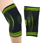 Rodilleras deportivas ortopédicas de compresión con soporte para articulaciones y diseño ergonómico en color negro y verde.
