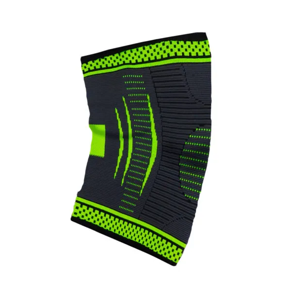 Rodillera deportiva ortopédica gris con detalles en neón, ideal para soporte y compresión.