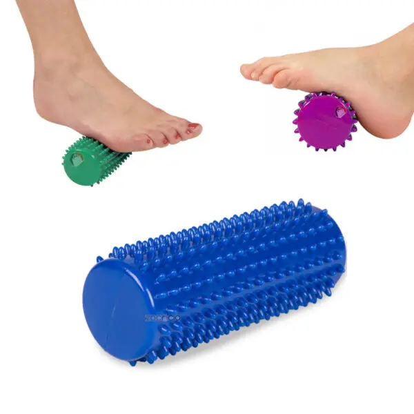 Rodillo masajeador de pies azul 15 cm, para terapia de rehabilitación y estimulación.