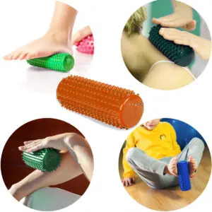 Rodillo masajeador terapéutico 15cm verde, naranja, azul, para pies, cuello y brazos.