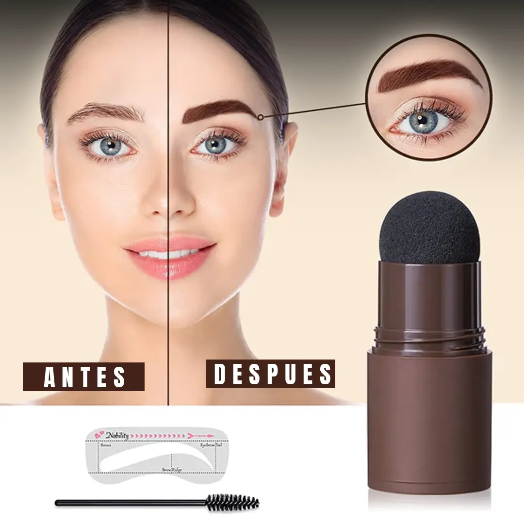 Sello para cejas que define y rellena, antes y después, con aplicador y plantillas.
