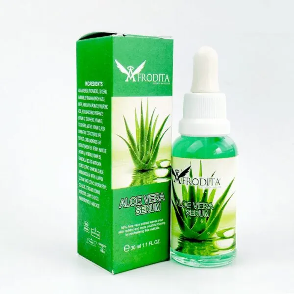 Set x2 Aloe Vera Afrodita serum facial con gotas y empaque verde, con aloe vera y descripción de ingredientes.