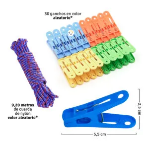 Set x60 pinzas de colores y cuerda para colgar ropa: 30 pinzas de varios colores y cuerda de nylon de 9.20 metros.