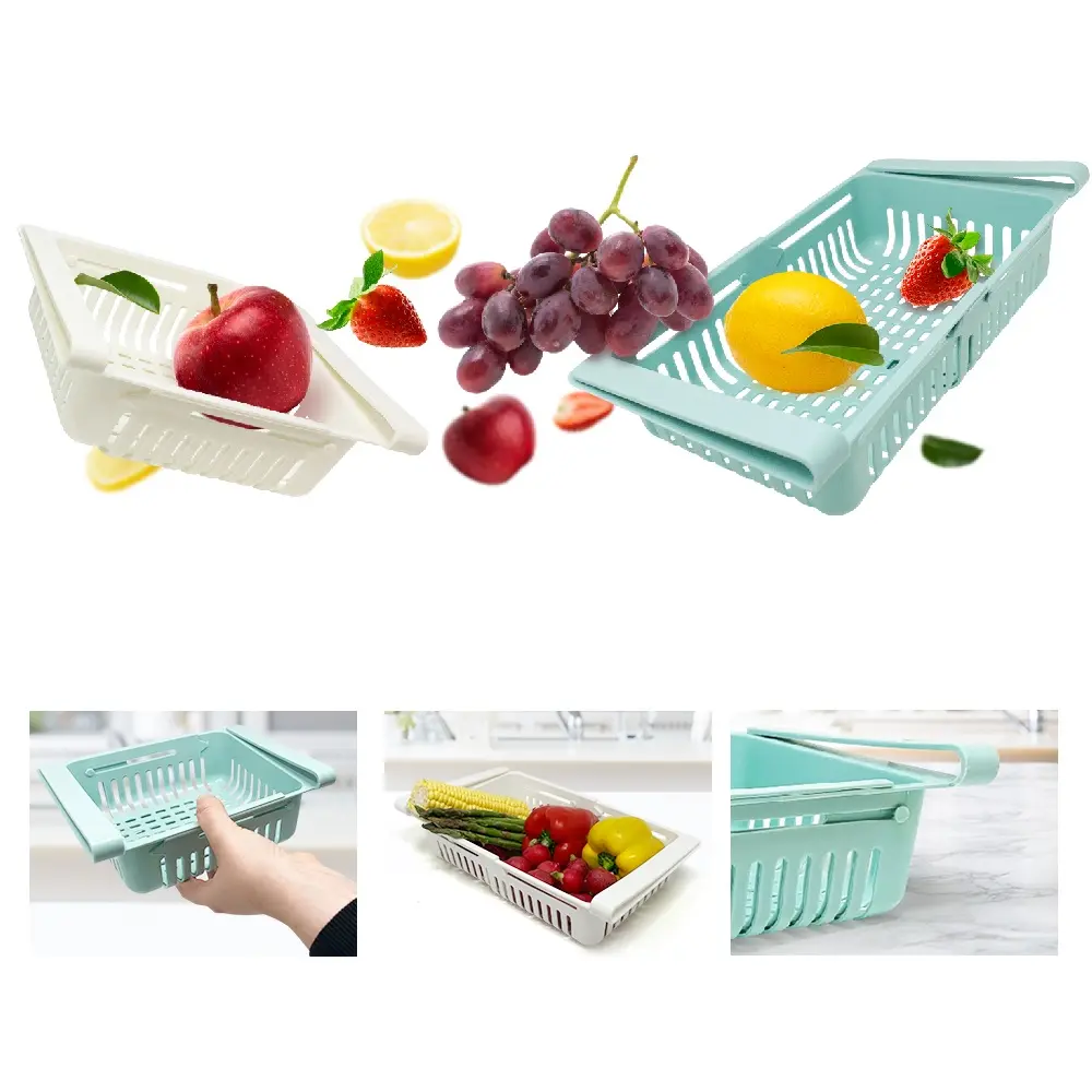 Set X2 organizador ajustable para nevera con frutas y verduras: manzana, uvas, fresas, limón, pimentón, maíz.