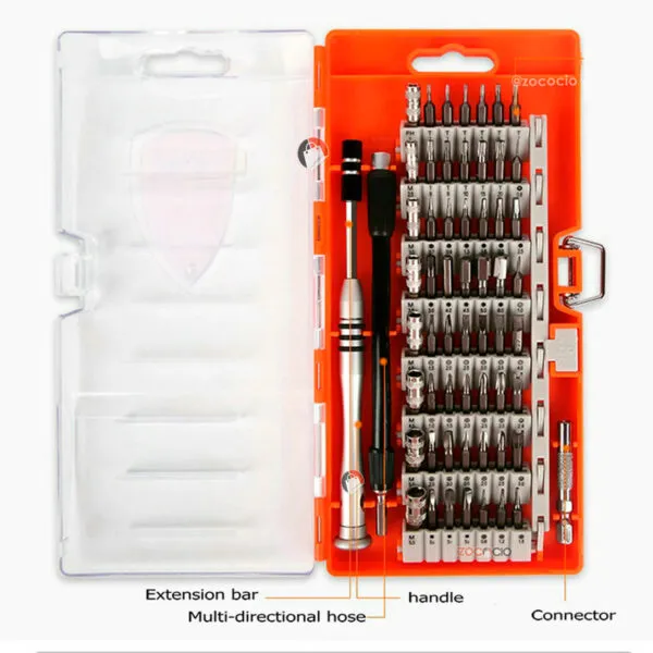 Set de destornilladores de precisión 60 en 1 con extensor flexible y mango multi-direccional.