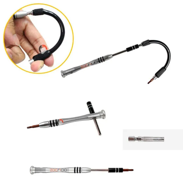 Set destornilladores de precisión 60 en 1 con extensión flexible y mango giratorio, ideal para electrónica.
