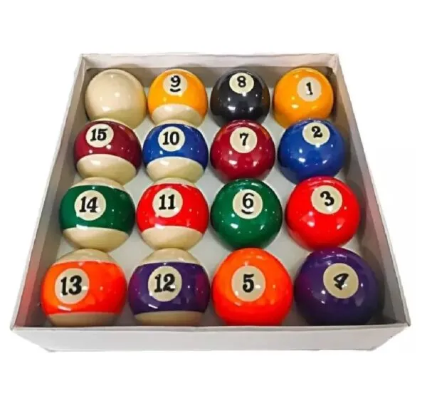 Set x16 bolas de billar pool standard, juego completo de 1 a 15 más bola blanca, organizadas en caja.
