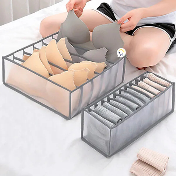 Set de organizadores para cajón: brasieres, ropa interior y medias.