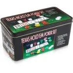 Set de póker Texas en caja metálica con 200 fichas, tapete y barajas de cartas.