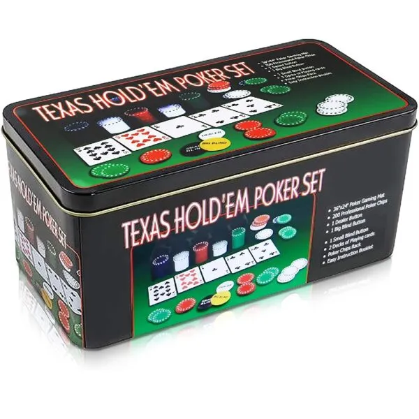 Set de póker Texas en caja metálica con 200 fichas, tapete y barajas de cartas.