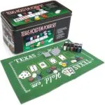 Set de póker Texas en caja metálica con tapete, 200 fichas y barajas de cartas para noches de juego.