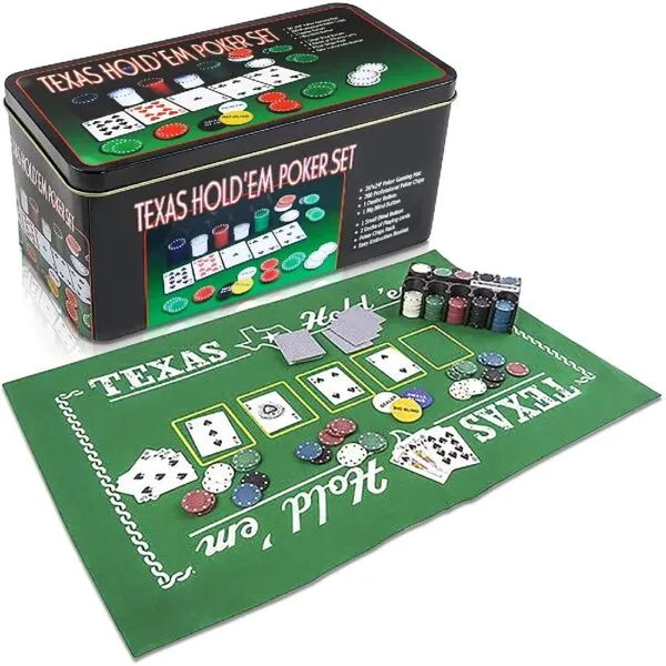 Set de póker Texas en caja metálica con tapete, 200 fichas y barajas de cartas para noches de juego.