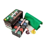 Set de póker Texas en caja metálica con 200 fichas, tapete verde y barajas de cartas.