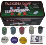Set de póker Texas Hold'em en caja metálica: 200 fichas, tapete y barajas de cartas para diversión.
