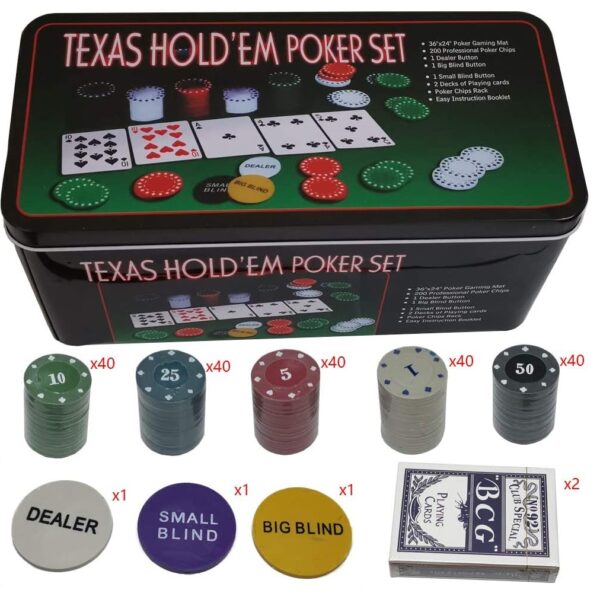 Set Poker Texas en Caja Metalica (200 fichas + Tapete + Barajas cartas) - Imagen 3