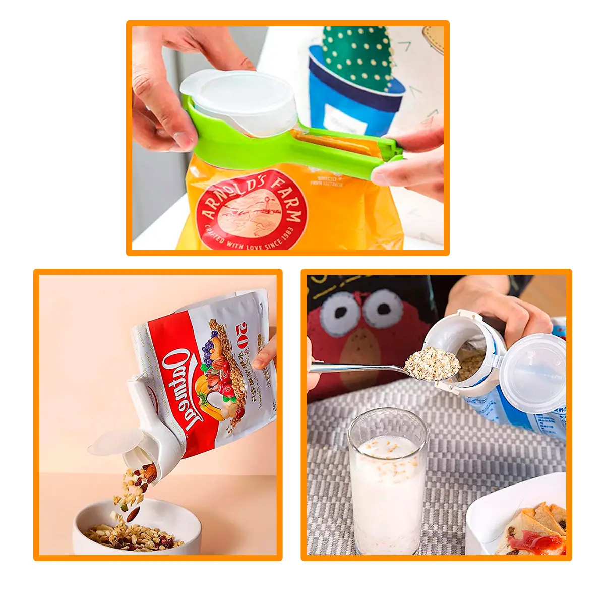 Clip sellador para bolsas de cereal con tapa dispensadora, ideal para alimentos secos.