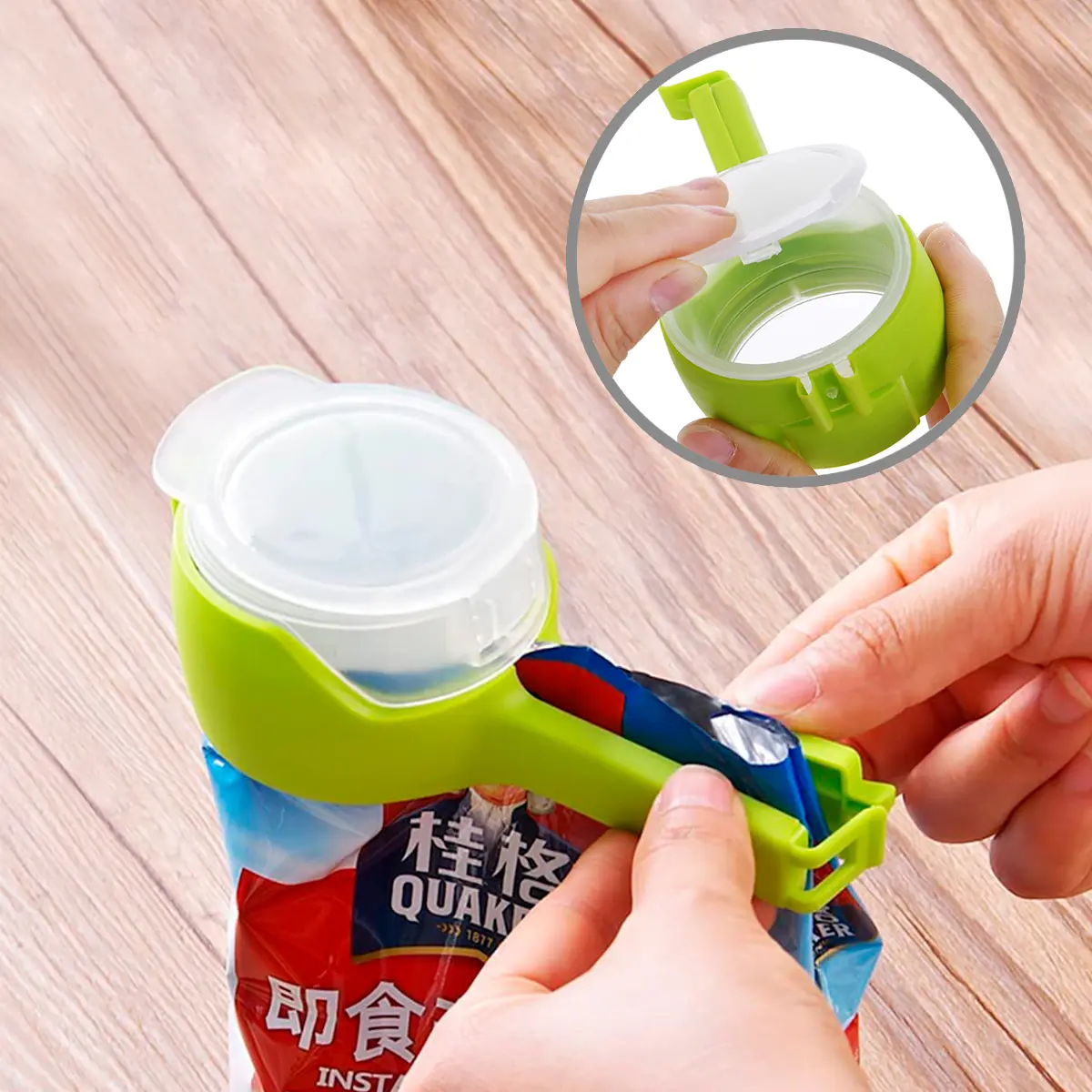 Clip con tapa sellador verde para empaques, práctico gancho para bolsas.
