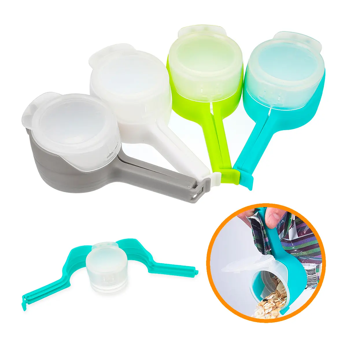 Set de 2 clips selladores para bolsas con tapa y gancho, ideal para empaques, en colores gris, blanco, verde y turquesa.