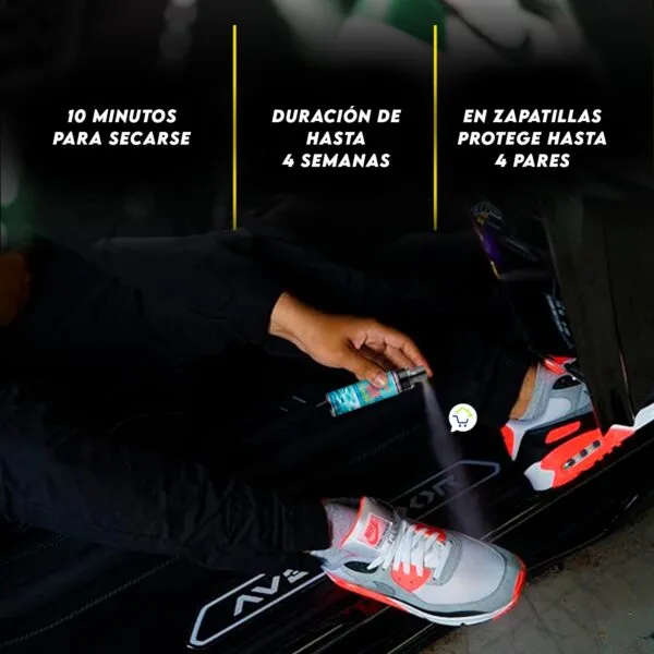 Spray impermeable Nano Protection: 10 min secado, 4 semanas protección hasta 4 pares.