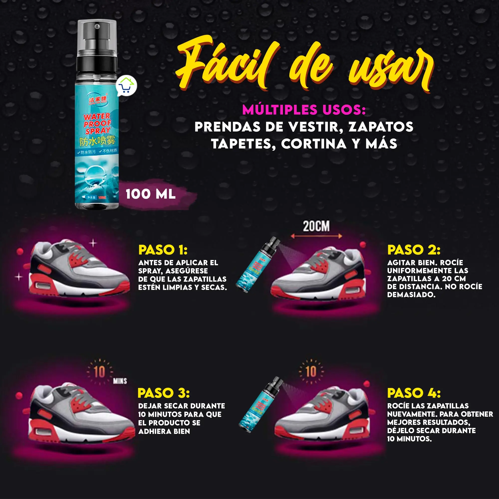 Spray impermeable para zapatillas. Protege contra agua y suciedad. Fácil de usar.