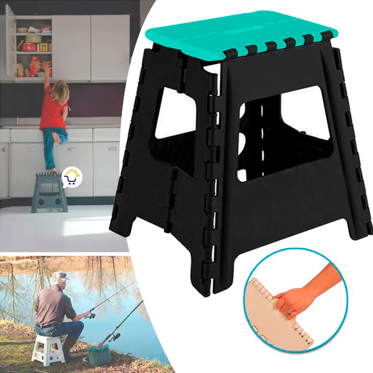 Silla plegable portátil negra y turquesa, ideal para camping y hogar, soporta 150kg.
