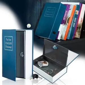 Caja fuerte libro "The New English Dictionary" con cerradura y dos llaves, guarda objetos valiosos.