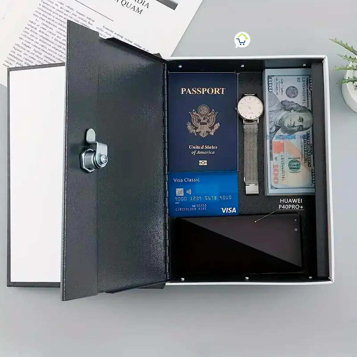 Caja fuerte libro diccionario oculta pasaporte, dinero, tarjeta, reloj y celular Huawei P40 Pro+.