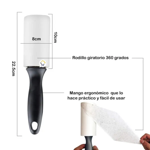 Rodillo quita pelos con mango ergonómico giratorio 360 grados, 22.5cm x 10cm.