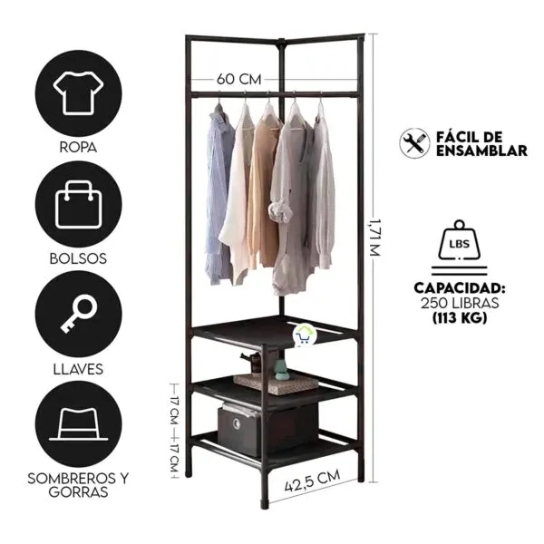 Organizador esquinero 3 niveles para ropa, bolsos, llaves y sombreros. Ahorra espacio.
