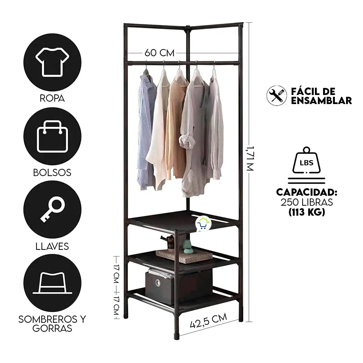 Organizador esquinero 3 niveles para ropa, bolsos, llaves y sombreros. Ahorra espacio.