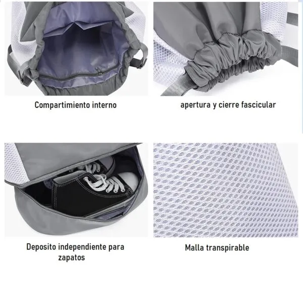 Bolso mochila deportiva con cordón, compartimento para zapatos y malla transpirable.