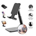 Soporte de mesa ajustable para celular y tablet con base antideslizante de aluminio.