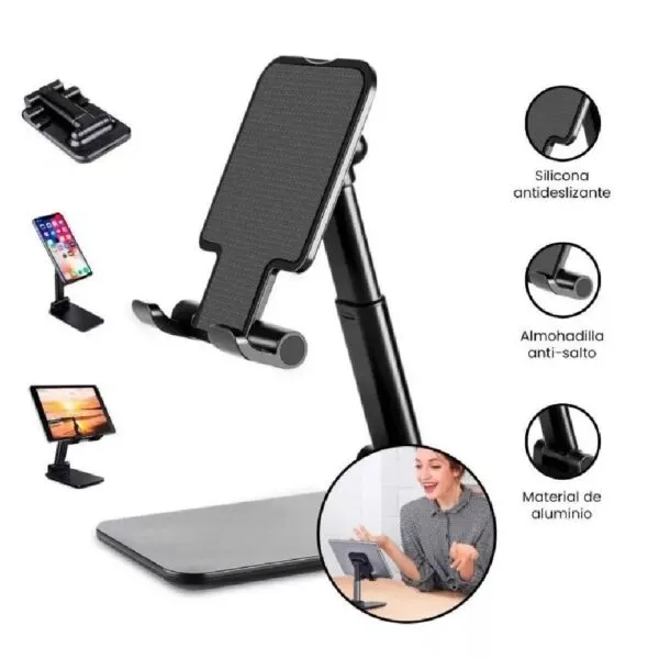 Soporte de mesa ajustable para celular y tablet con base antideslizante de aluminio.