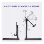 Soporte ajustable para celular y tablet en escritorio, muestra ángulo de 90° y 180°.
