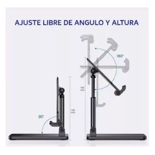Soporte ajustable para celular y tablet en escritorio, muestra ángulo de 90° y 180°.