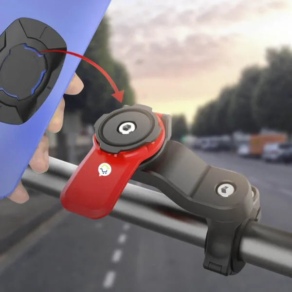 Soporte universal para celular en bicicleta o moto, con sistema de montaje rápido.