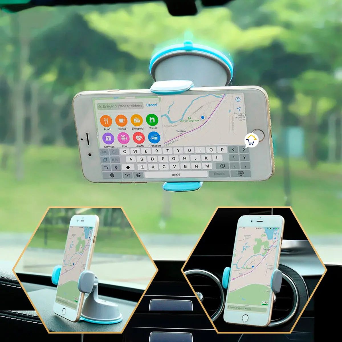 Soporte universal para carro con ventosa para celular, rotación 360°, ideal para navegación.