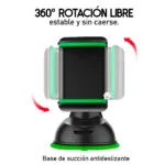 Soporte para carro con rotación 360°, base ventosa antideslizante y sujección estable para teléfono.
