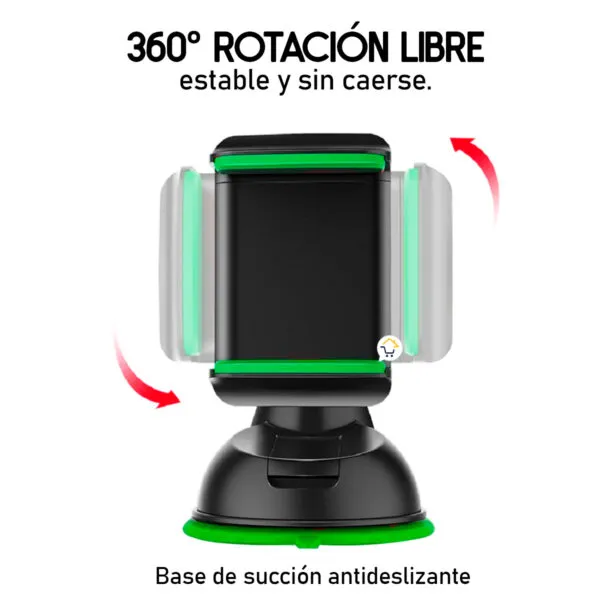 Soporte para carro con rotación 360°, base ventosa antideslizante y sujección estable para teléfono.