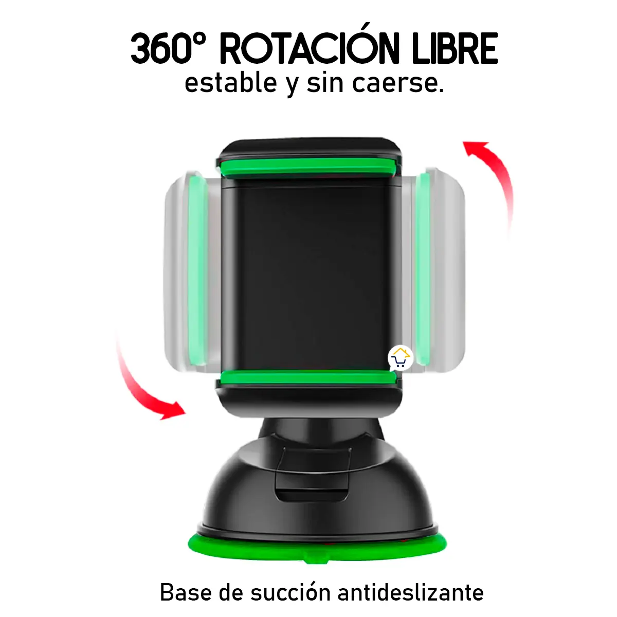 Soporte para carro con rotación 360°, base ventosa antideslizante y sujección estable para teléfono.