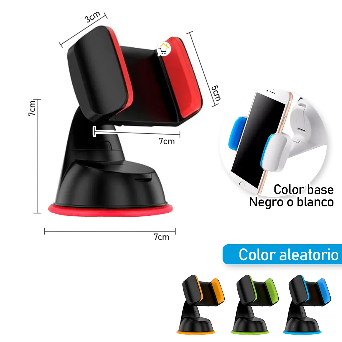 Soporte para carro con ventosa, ajustable 360°, para celular. Base negra o blanca.